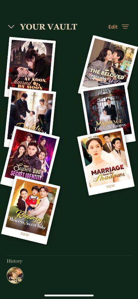 Your Vault screen with saved drama covers arranged like polaroids